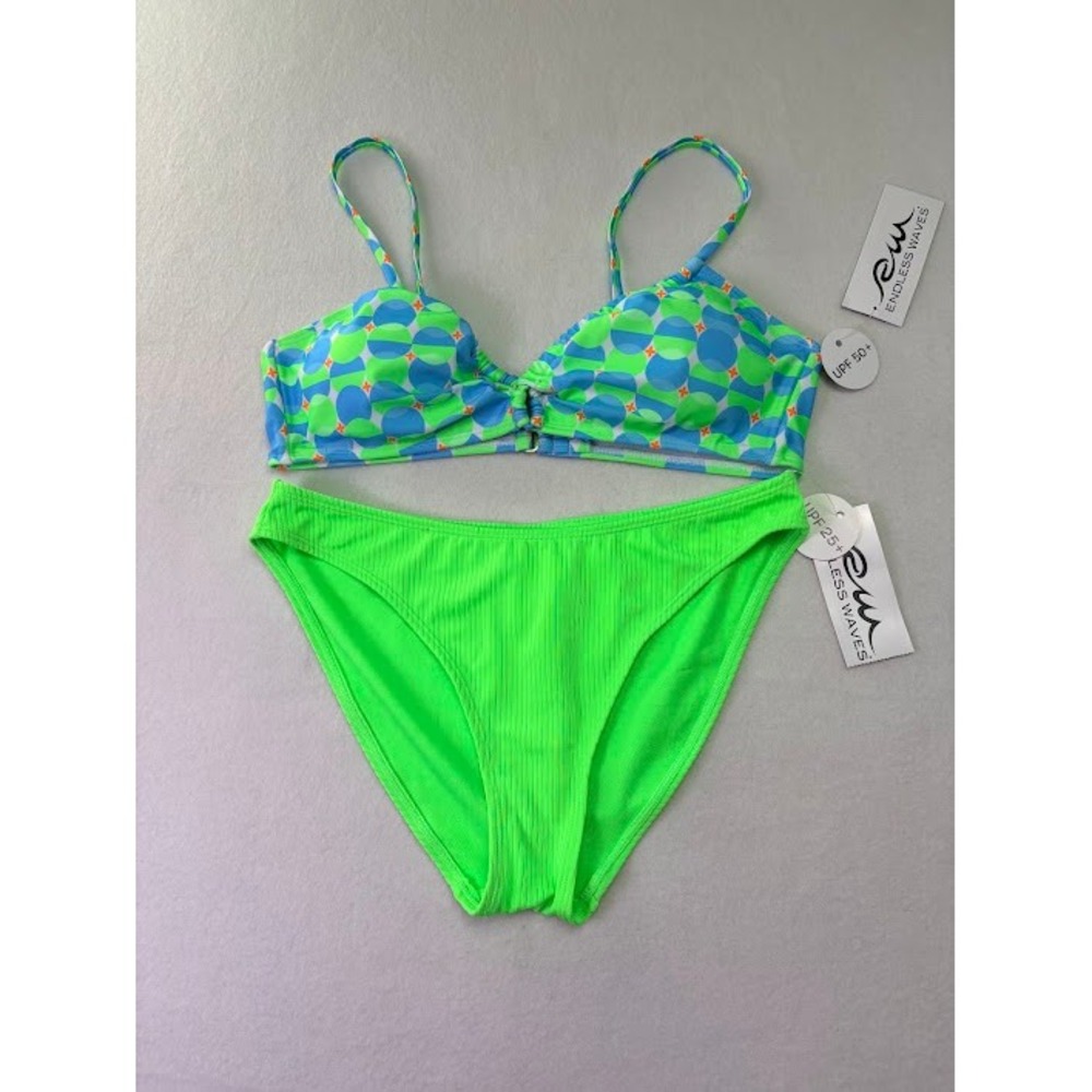 Endless Waves Bikini Set Womens M/L Neon Green Blue Geometric NWT UPF 50+ Ribbed